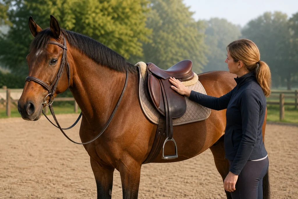 Selles Cavalière contrôlant la position de la selle sur un cheval bai à l'arrêt