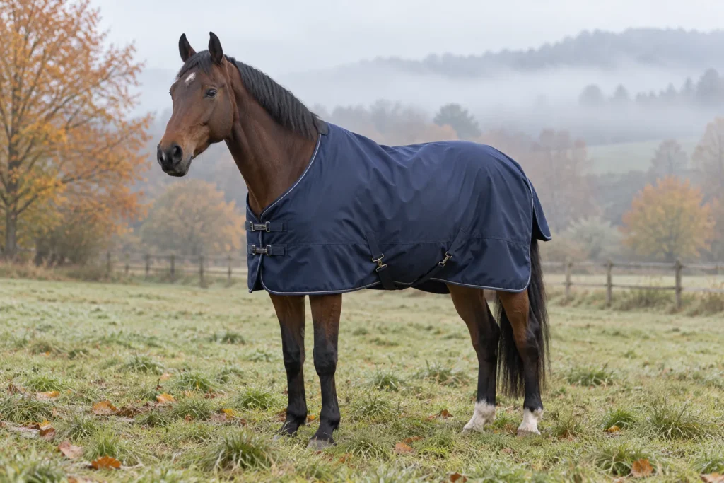 Accueil Cheval portant une couverture d'extérieur au pré