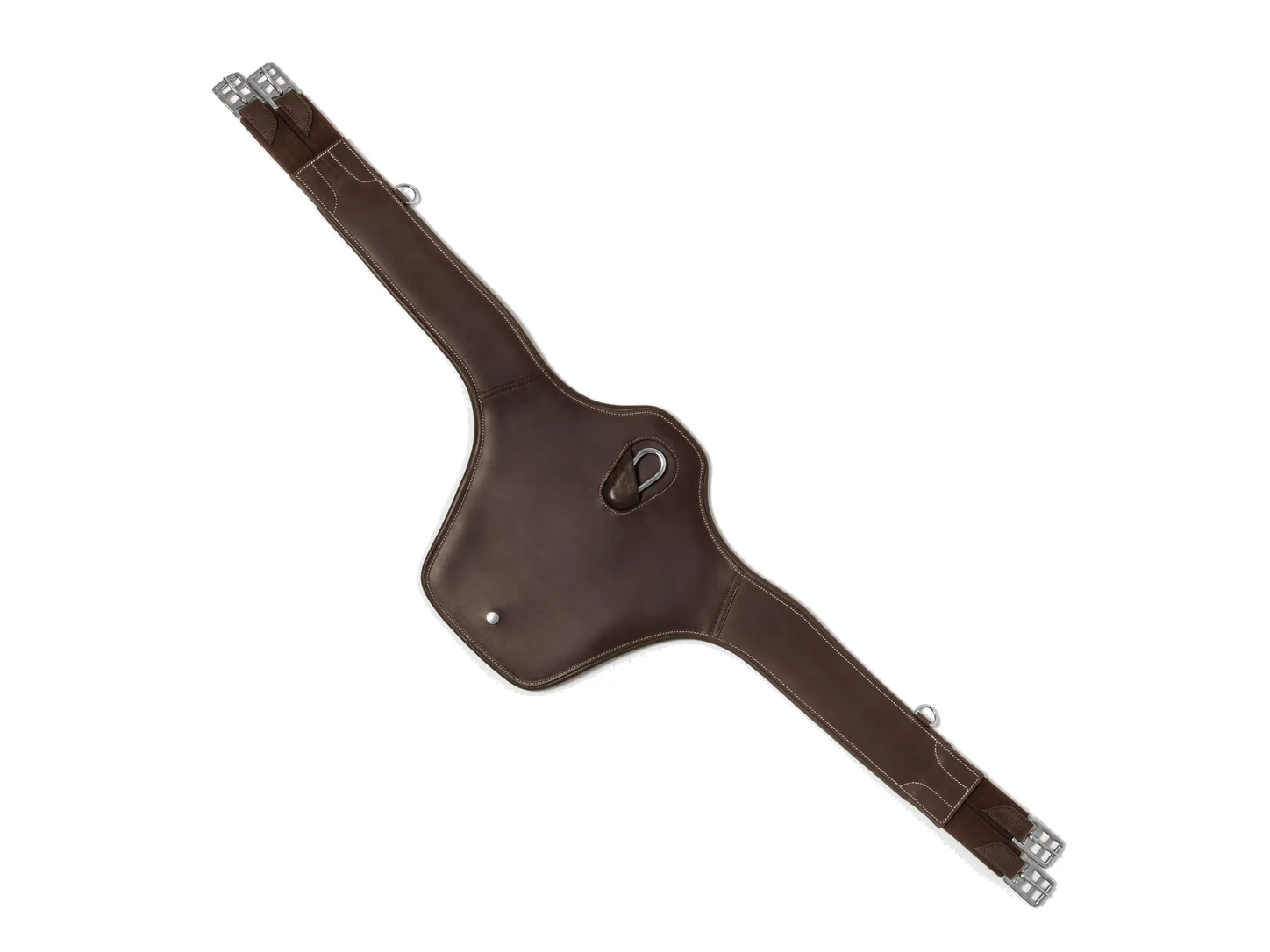 Sangle bavette ou sangle classique : laquelle choisir ? Sangle bavette Fouganza 900 marron en cuir, vue à plat sur fond blanc.