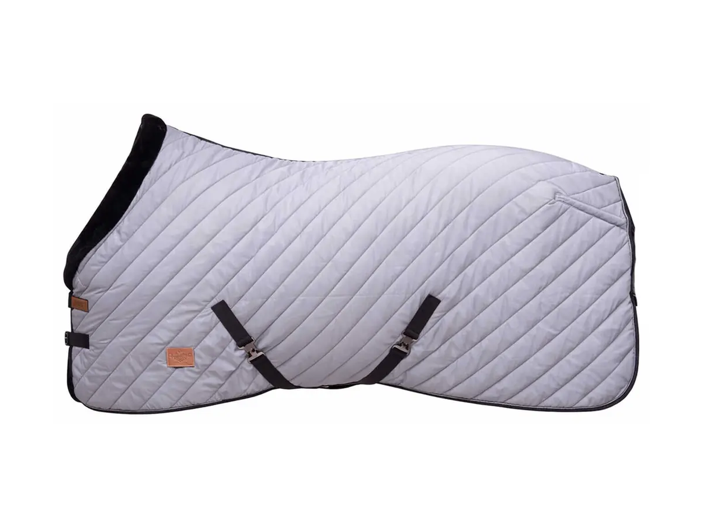 Couverture d'écurie Paddock Sports grise, matelassage diagonal et sangles noires, vue de profil.