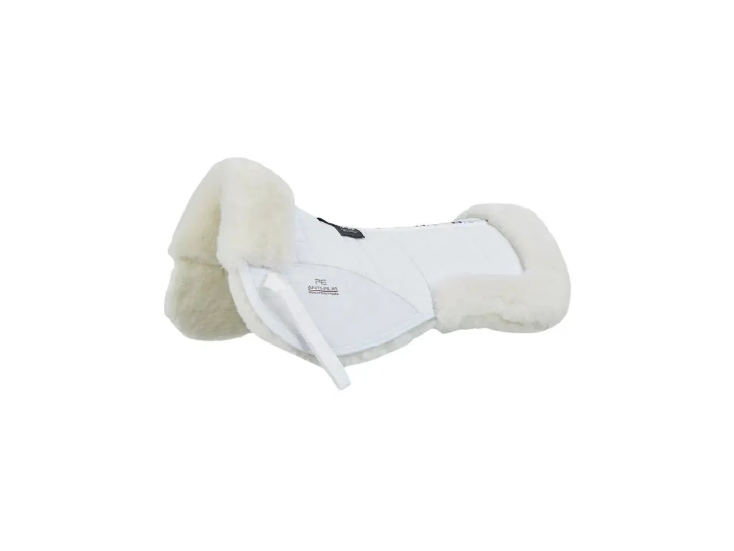 Amortisseur Premier Equine blanc, doublé de laine mérinos naturelle, vu de trois quarts.