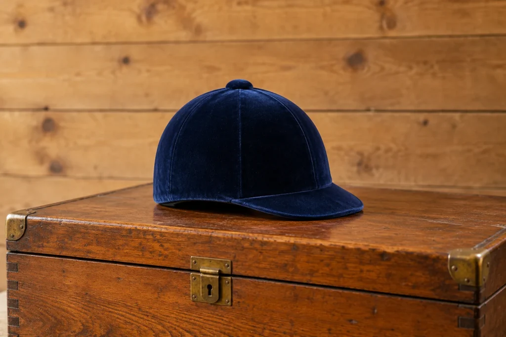 Casques Casque d’équitation en velours bleu marine posé sur le couvercle d’une malle de sellerie en bois.