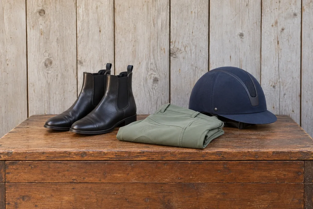 Guides & Conseils cavalier Paire de boots noires, pantalon vert plié et casque bleu posés sur une malle en bois