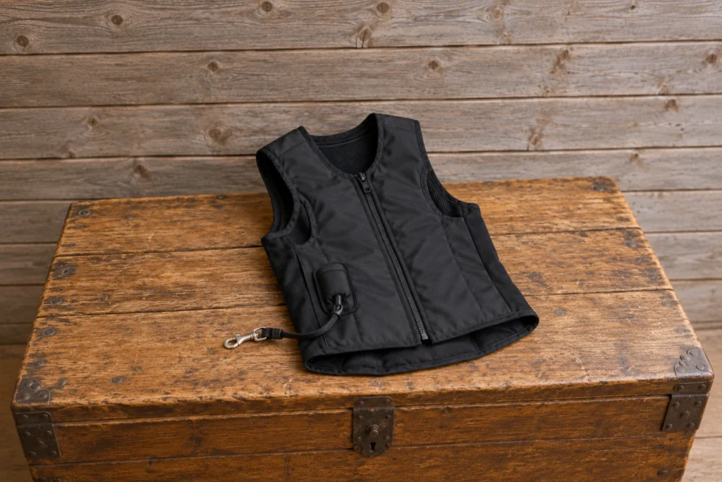Gilets de protection Gilet airbag d’équitation noir avec son cordon, posé sur une malle en bois devant un mur de planches nu