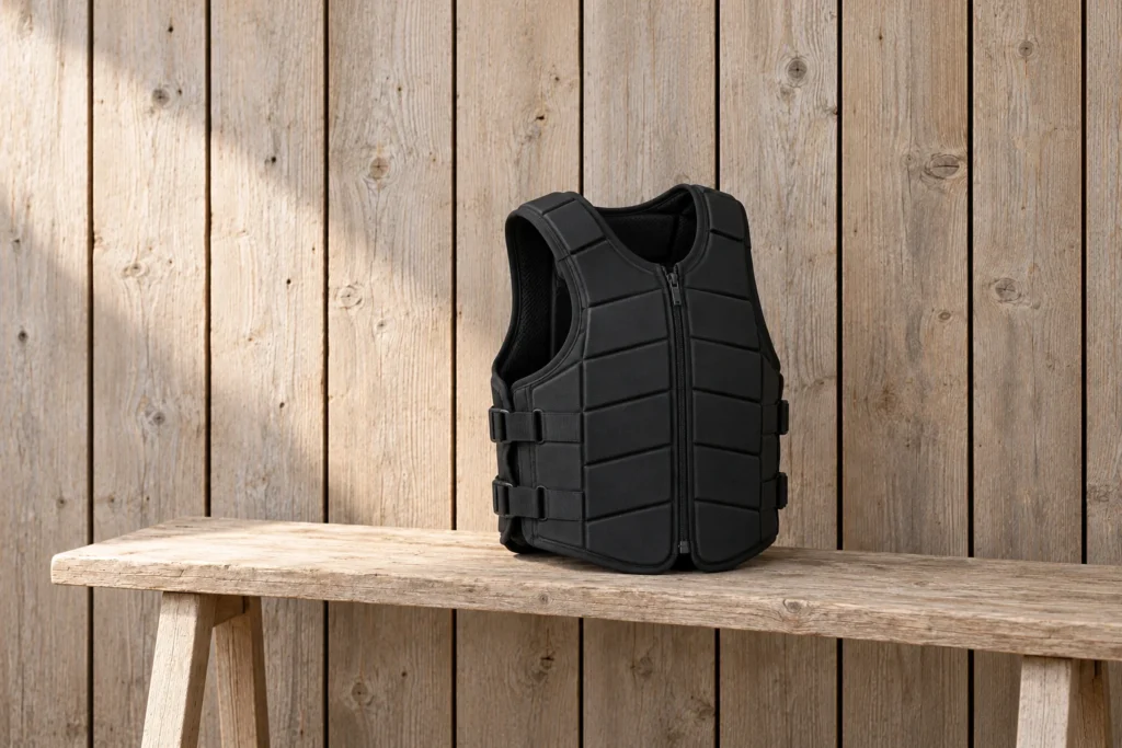 Gilets de protection Gilet de protection d’équitation noir posé sur un banc en bois devant un mur de planches nu