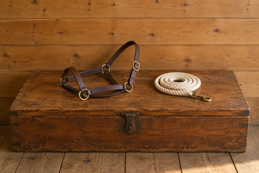 Licol en cuir brun et longe en coton écru enroulée posés sur une malle de sellerie en bois.