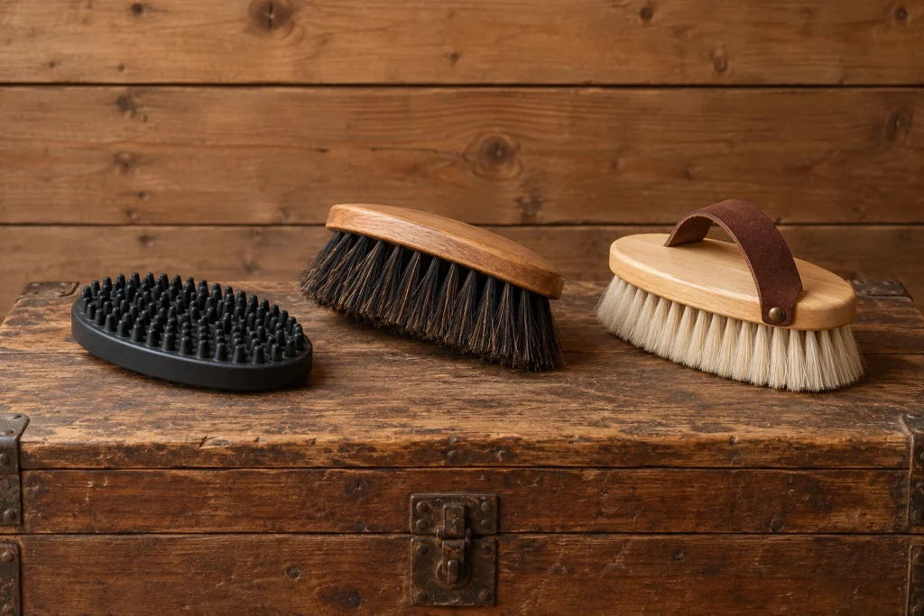 Pansage Étrille ovale noire, picots vers le haut sans sangle visible, bouchon à fibres foncées et brosse douce à sangle de cuir sur une malle en bois.