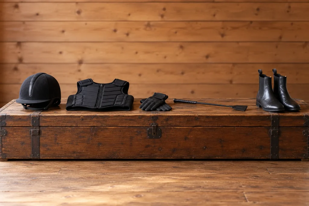 Accueil Casque, gilet de protection, gants, cravache et boots d’équitation noirs alignés sur une malle en bois.