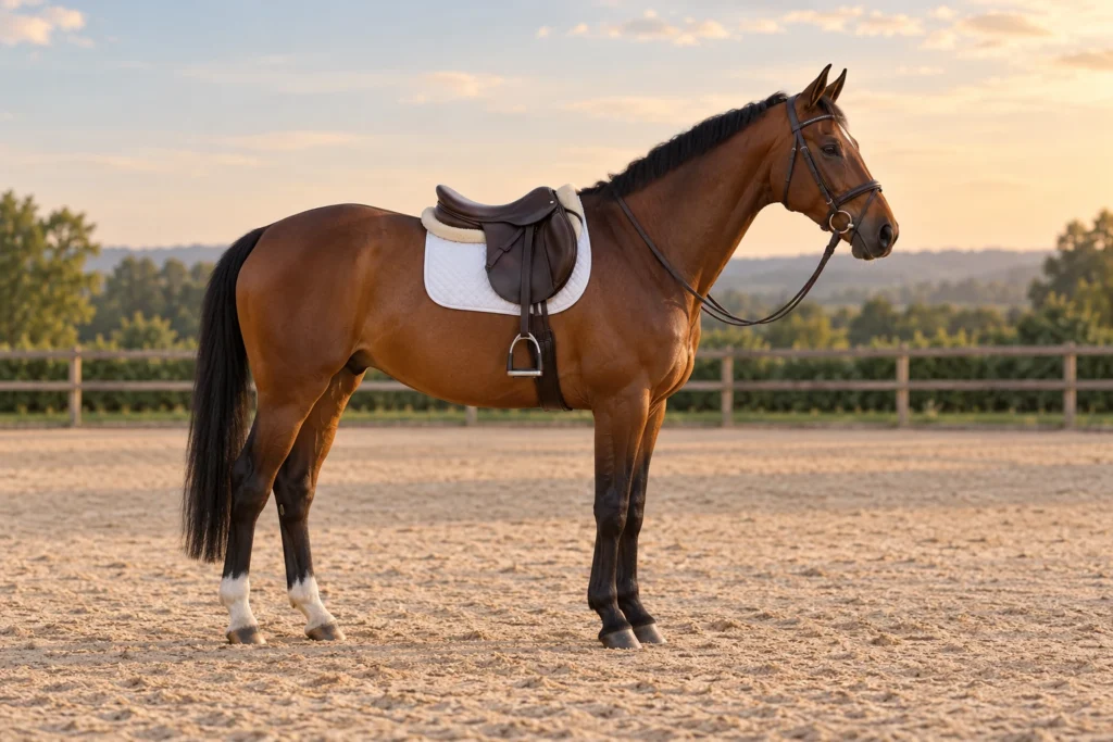 Accueil Cheval bai sellé et bridé, de profil, dans une carrière en fin de journée.