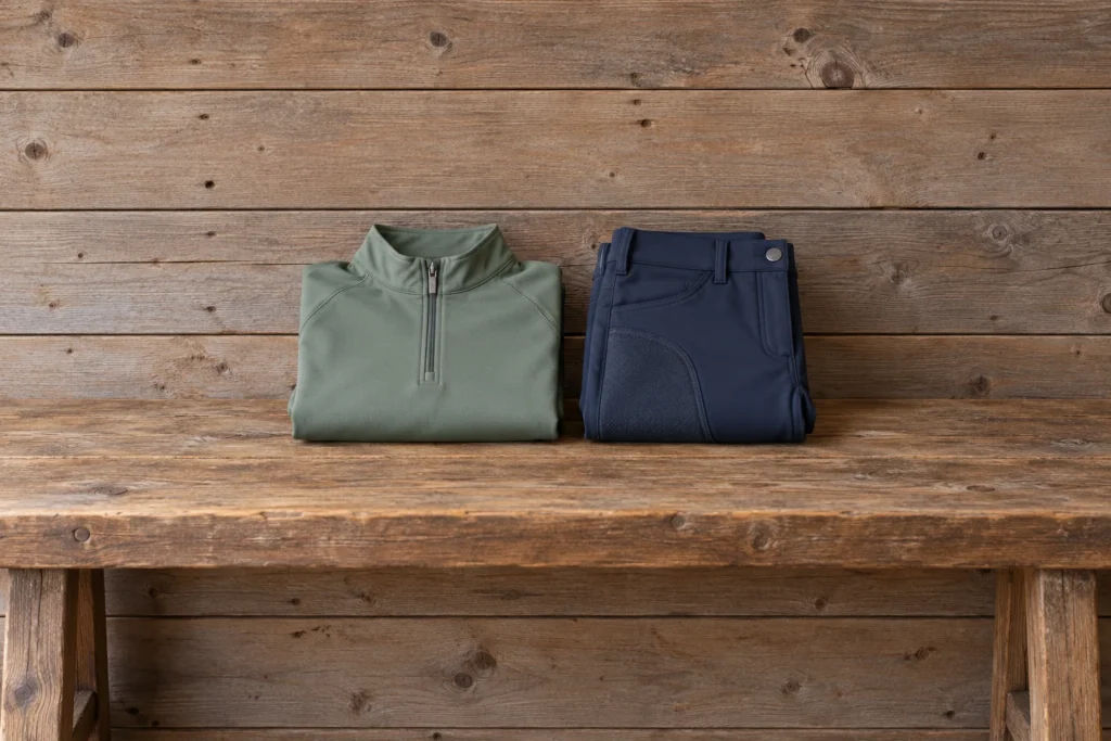 Pantalon d’équitation bleu et haut vert pliés sur un banc en bois devant un mur de planches nu.