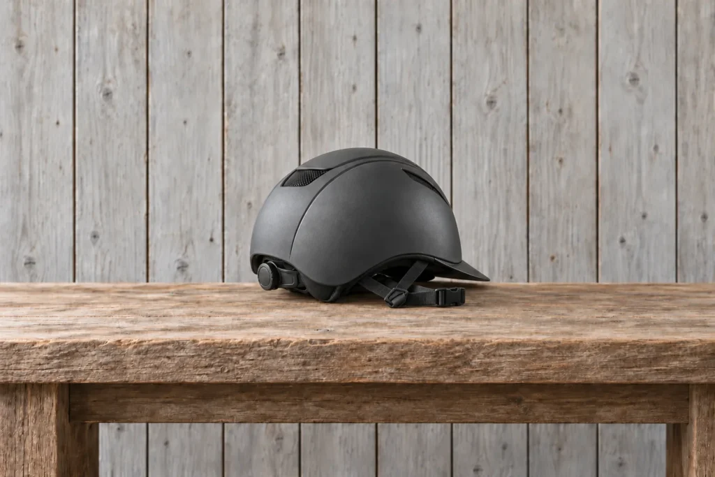 Casques Casque d’équitation gris avec molette arrière et jugulaire, posé seul sur un banc en bois devant un mur de planches nu.