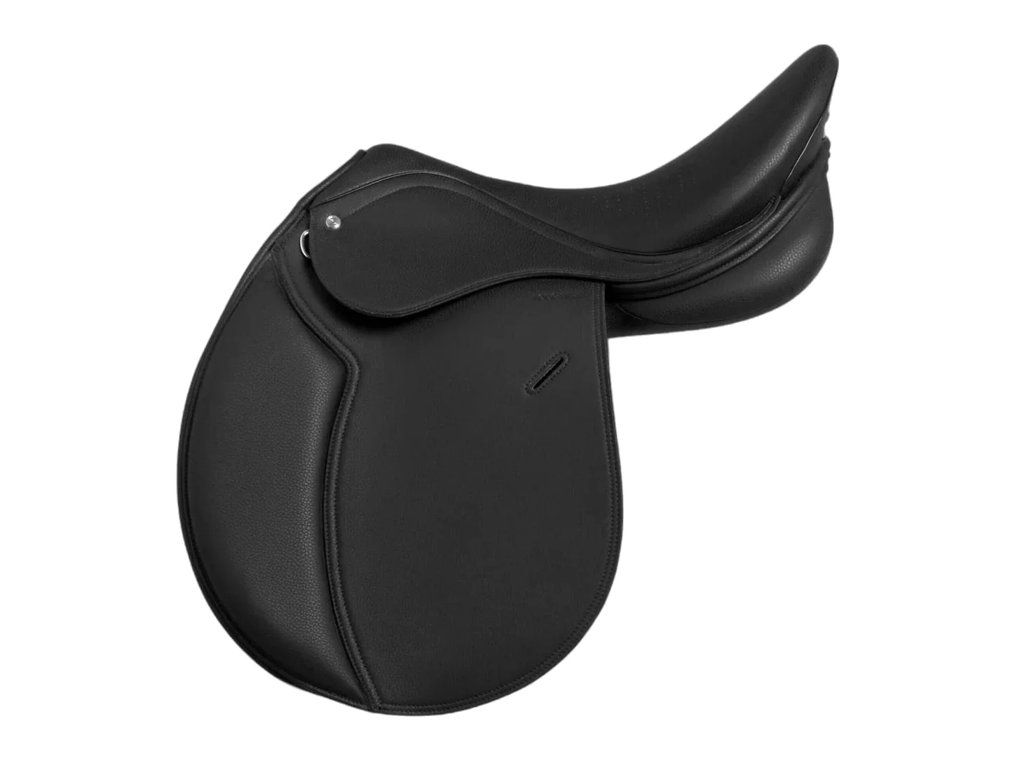 Selle à arcade fixe ou interchangeable : que choisir ? Selle d’équitation synthétique 100 noire Décathlon, à arcades interchangeables, vue de profil.