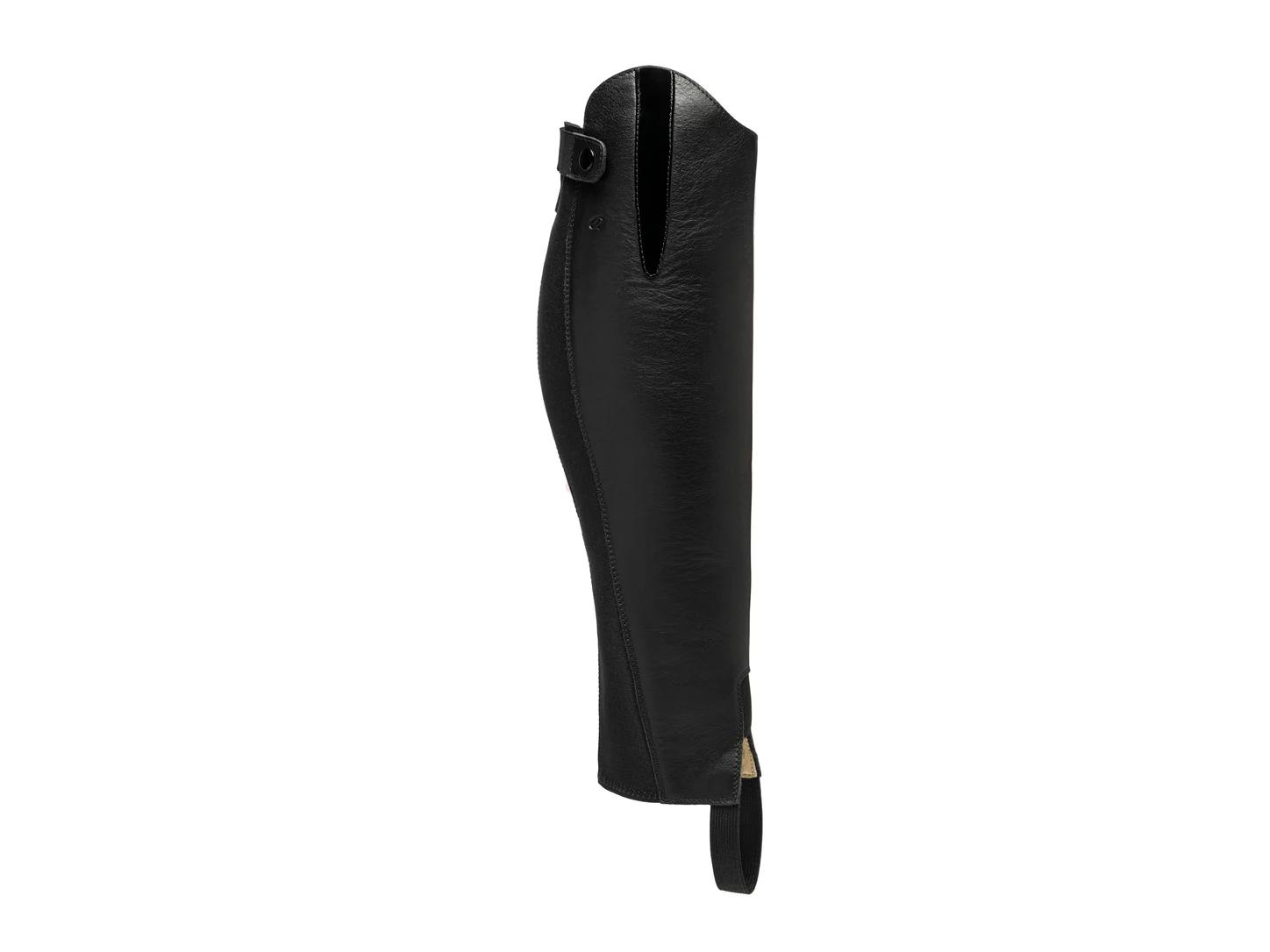 Mini-chap FOUGANZA 900 noire en cuir, avec sous-pied visible.