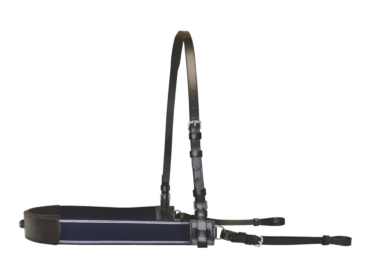 Bricole élastique Canter en cuir noir avec élastique large bleu marine.