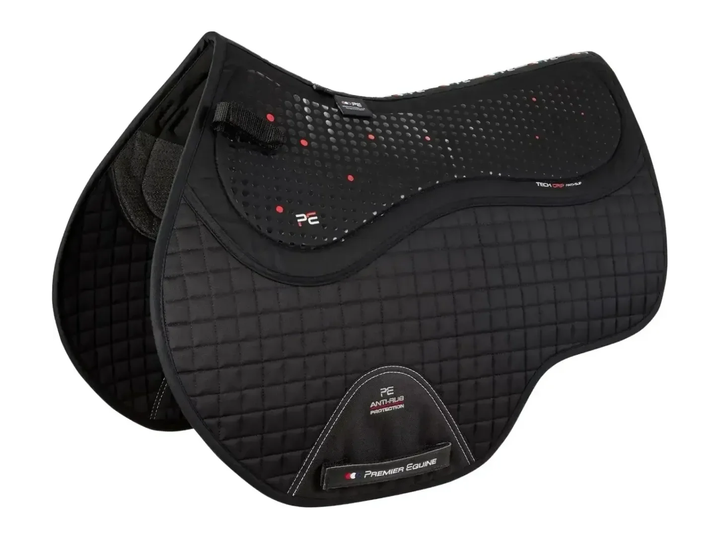 Tapis de selle antidérapant Premier Equine Close Contact Tech Grip Pro noir, avec zone de gel Tech Grip sous la selle.