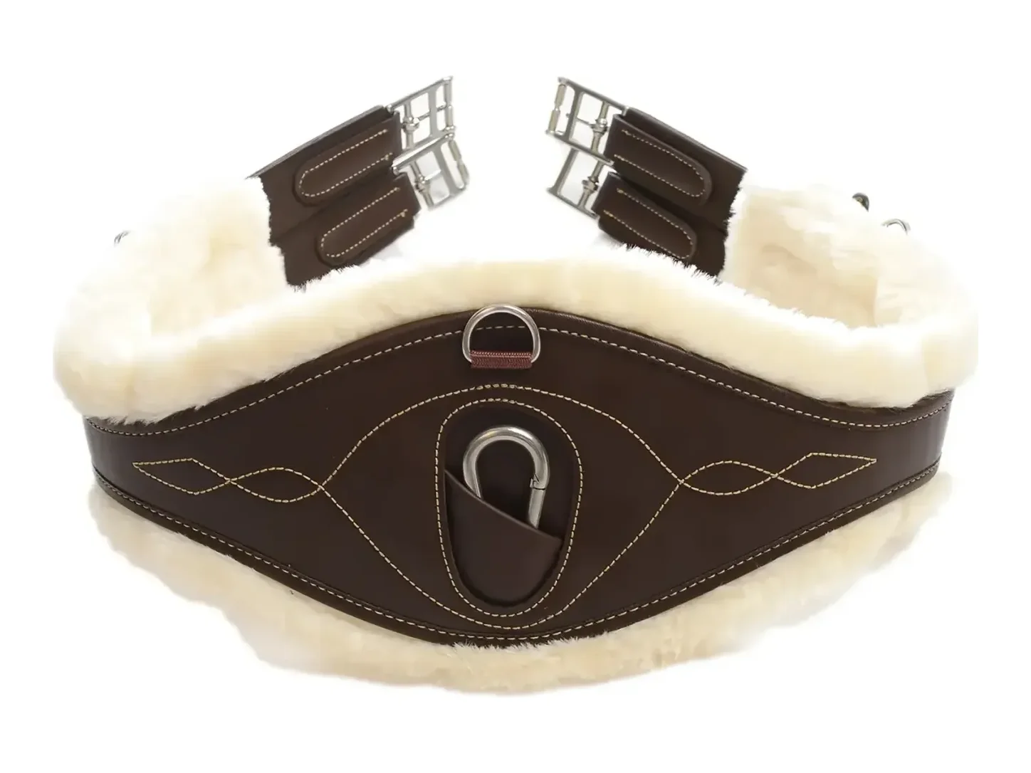 Sangle anatomique Kentucky Horsewear marron doublée de mouton artificiel écru, élastiques aux deux extrémités.