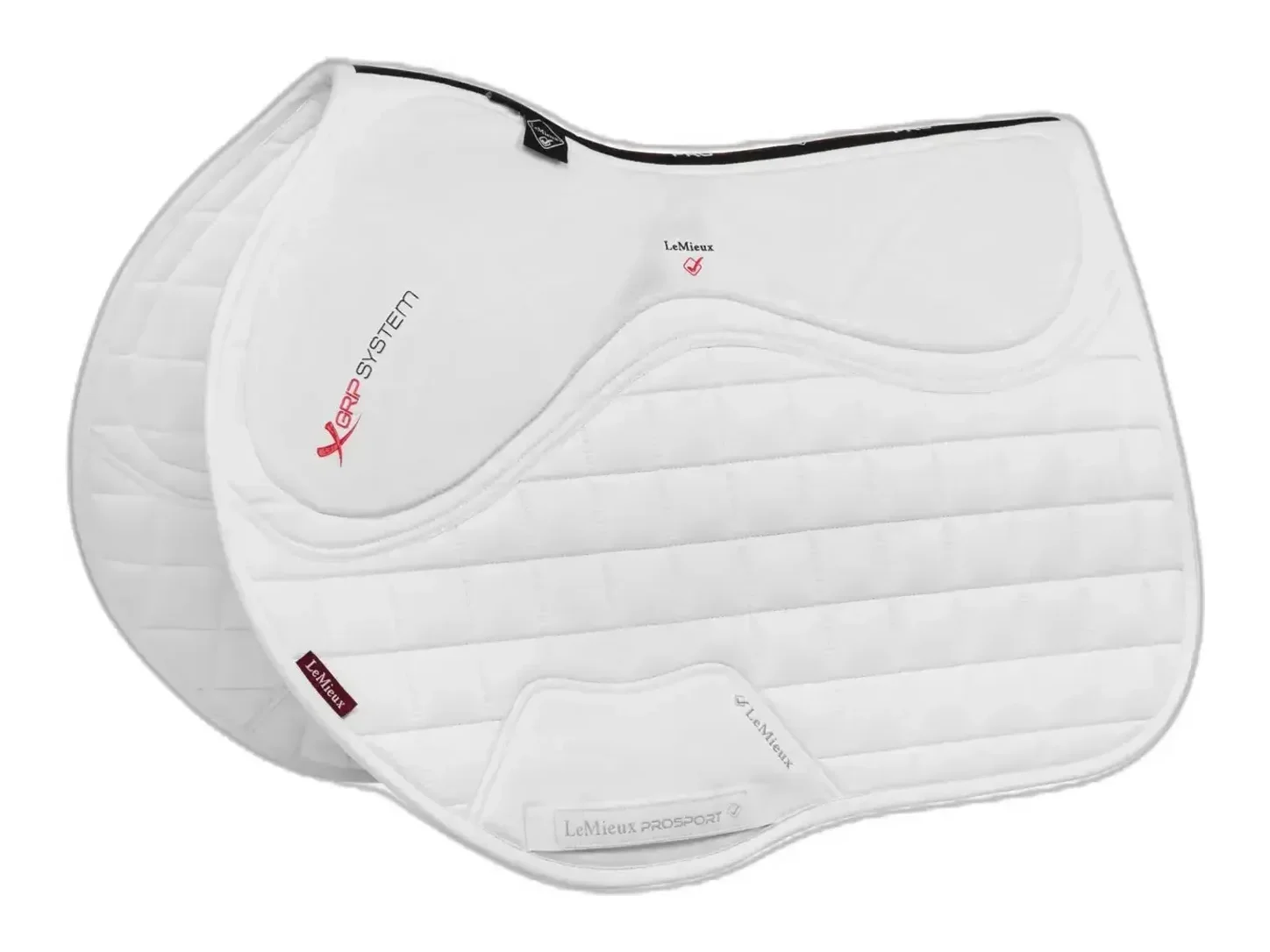 Tapis de selle LeMieux X-Grip Silicone EuroJump blanc, avec le marquage X-Grip System.