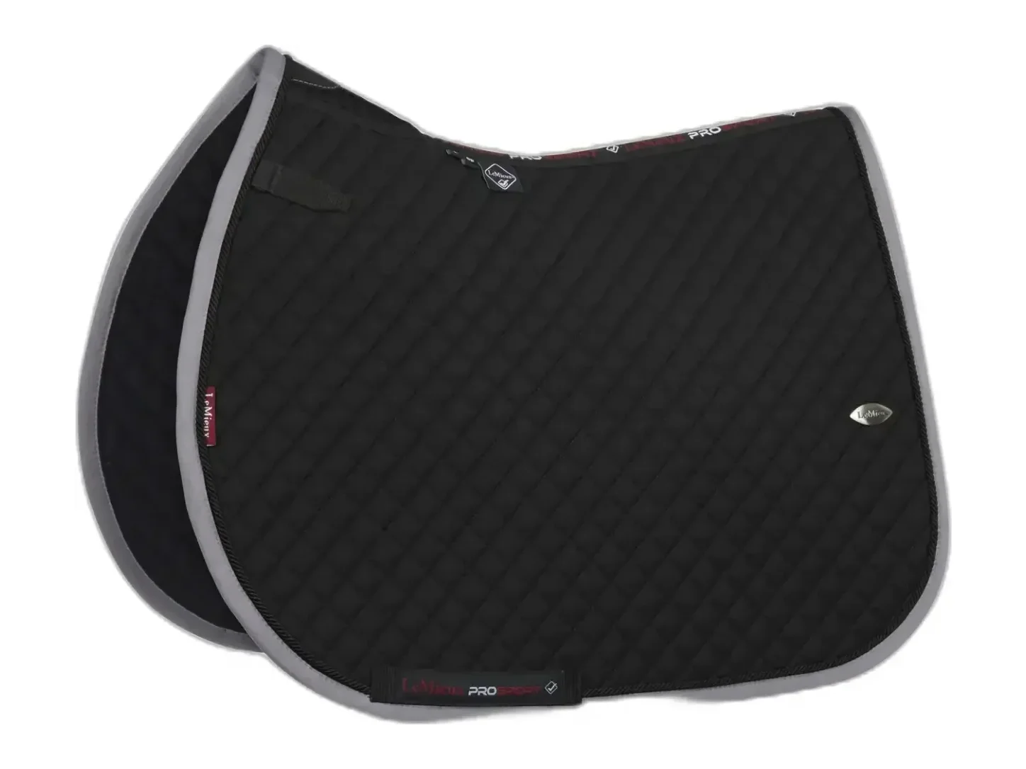 Tapis de selle LeMieux Wither Relief Jump noir matelassé avec liseré gris.